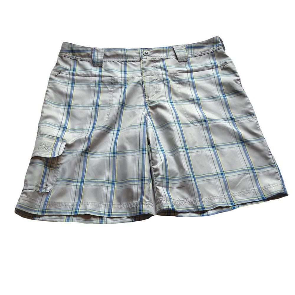 Cabelas UPF 50 Board shorts plaid blue and gray Size 12 snap and zip look new